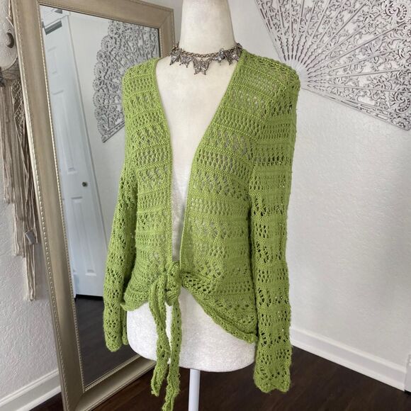 Vintage Made in USA Fairy Grunge Crochet Green Front Tie Cardigan XL 16 / 18 - Picture 6 of 8